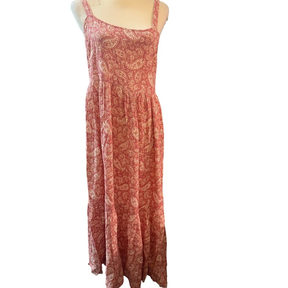 Patrons of Peace Maxi Sundress, Coral Paisley Boho Smocked Back Rayon, Medium